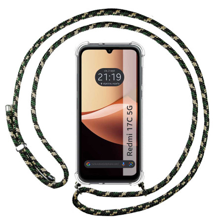 Funda Colgante Transparente para Xiaomi Redmi 17C 5G con Cordon Verde / Dorado