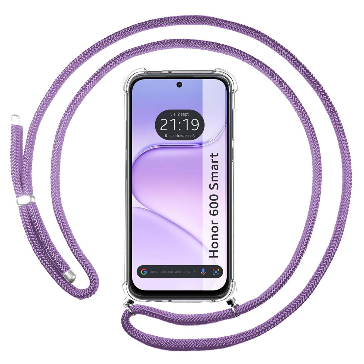 Funda Colgante Transparente para Huawei Honor 600 Smart 5G con Cordon Morado
