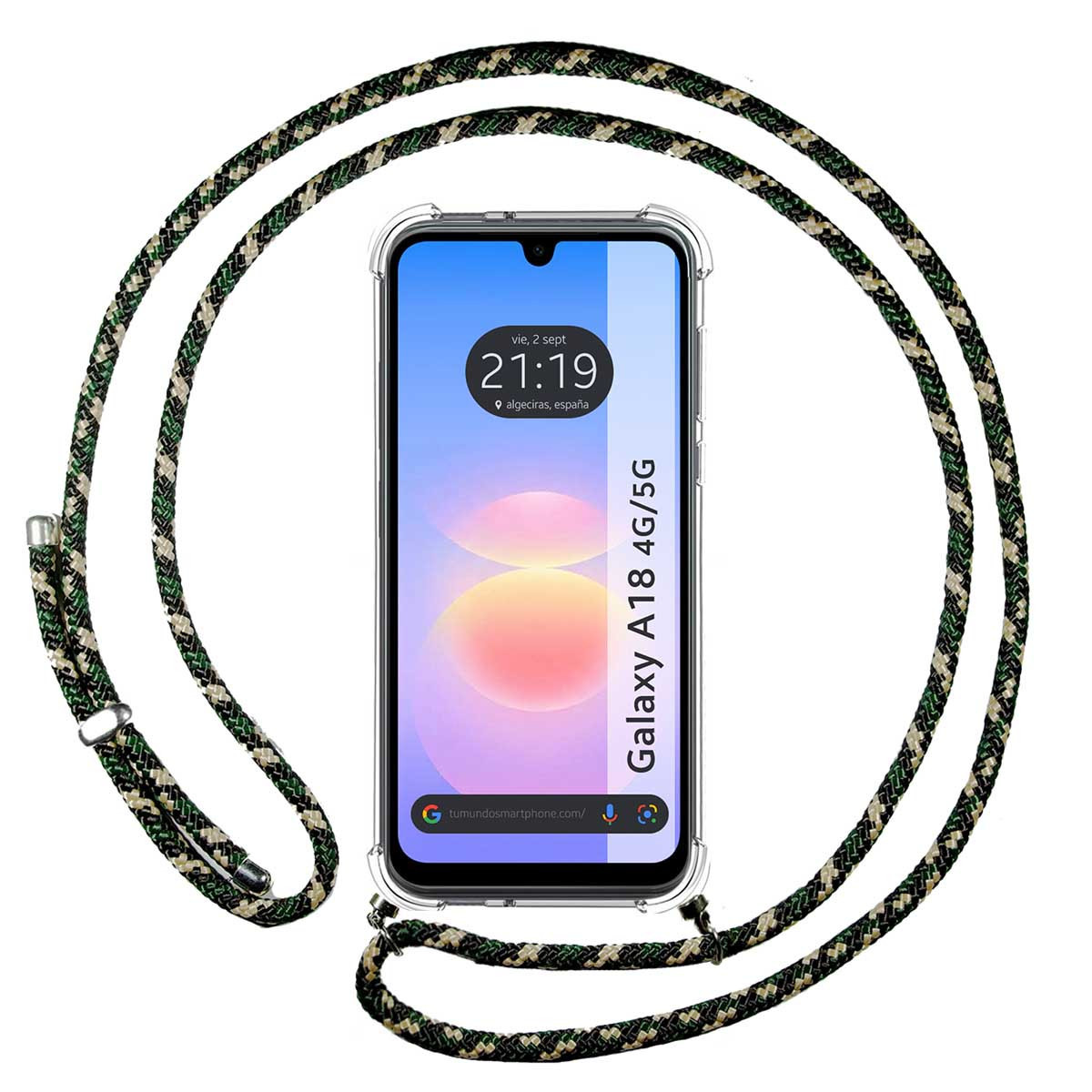 Funda Colgante Transparente para Samsung Galaxy A18 4G / 5G con Cordon Verde / Dorado