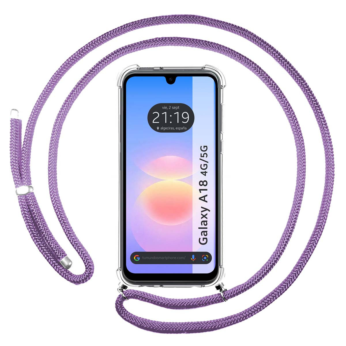 Funda Colgante Transparente para Samsung Galaxy A18 4G / 5G con Cordon Morado
