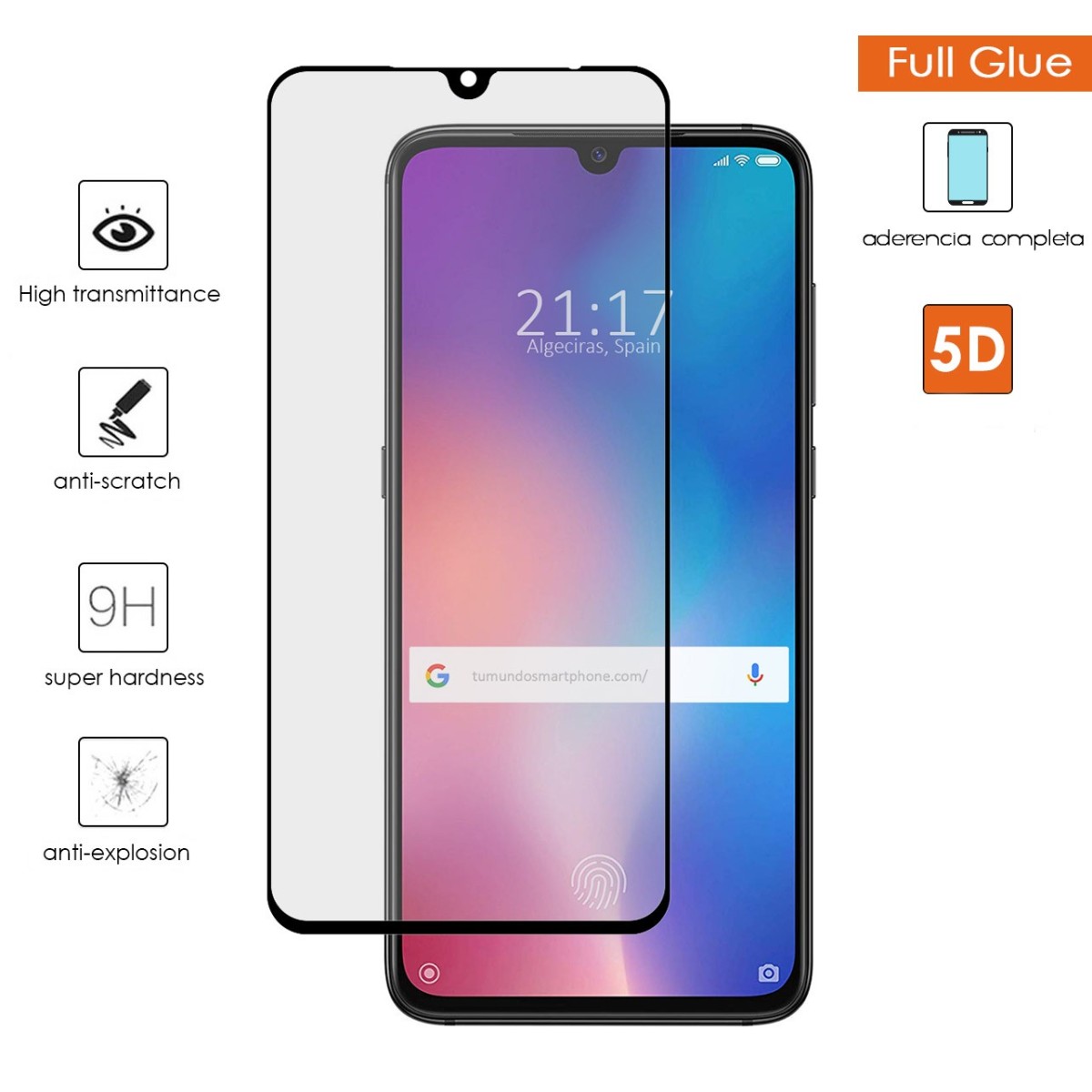 Protector Cristal Templado Completo 5D Full Glue Negro para Xiaomi Mi 9 Vidrio