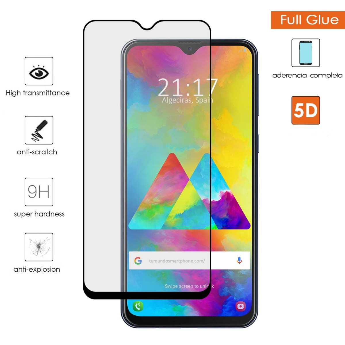 Protector Cristal Templado Completo 5D Full Glue Negro para Samsung Galaxy M20 Vidrio
