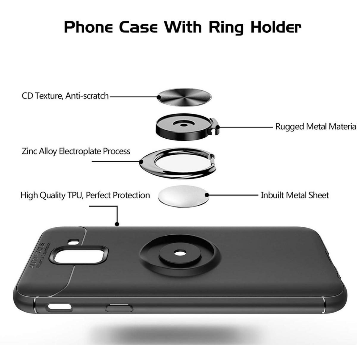 Funda Magnetica Soporte con Anillo Giratorio 360 para Samsung Galaxy j6+ Plus color Negra