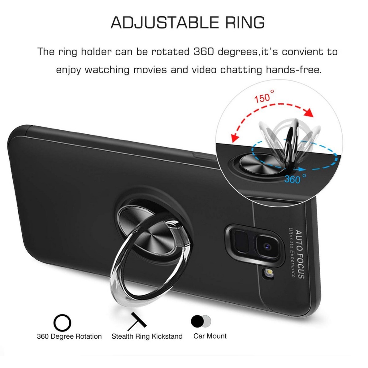 Funda Magnetica Soporte con Anillo Giratorio 360 para Samsung Galaxy j6+ Plus color Negra