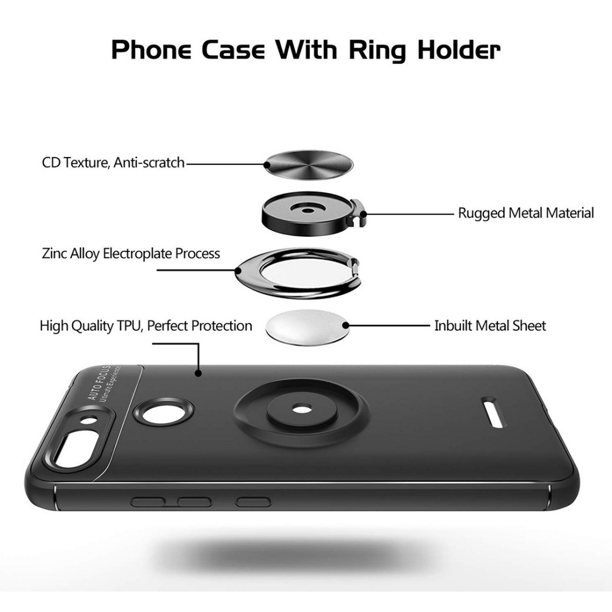 Funda Magnetica Soporte con Anillo Giratorio 360 para Xiaomi Redmi 6 color Negra