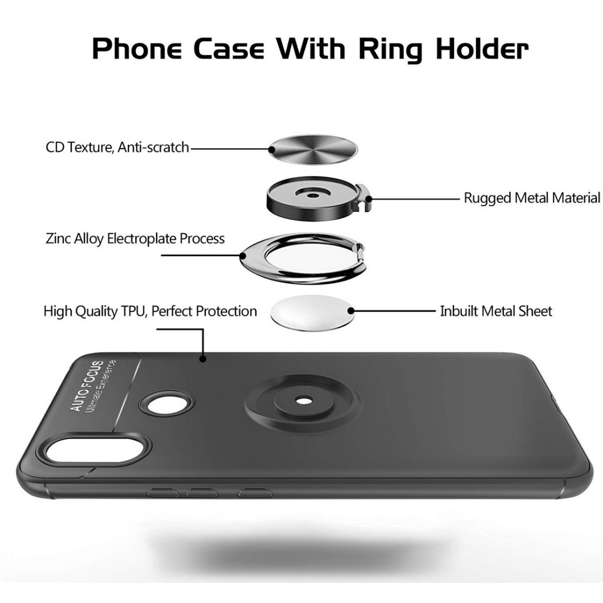 Funda Magnetica Soporte con Anillo Giratorio 360 para Xiaomi Redmi Note 6 Pro color Negra