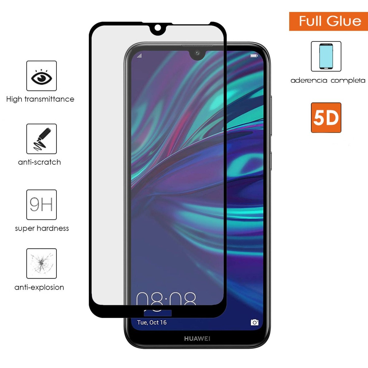Protector Cristal Templado Completo 5D Full Glue Negro para Huawei Y7 2019 Vidrio