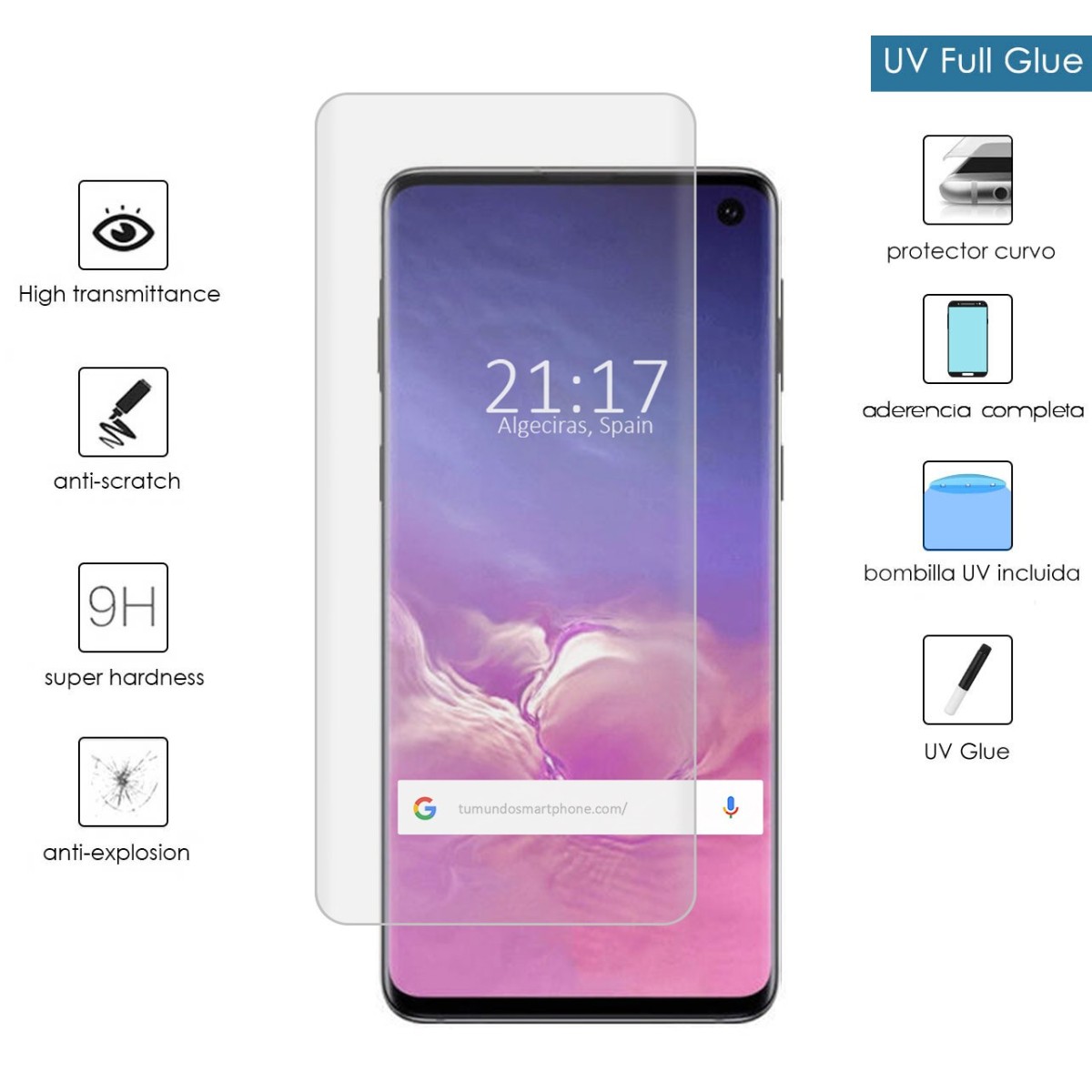 Protector Cristal Templado Completo Curvo UV Full Glue para Samsung Galaxy S10