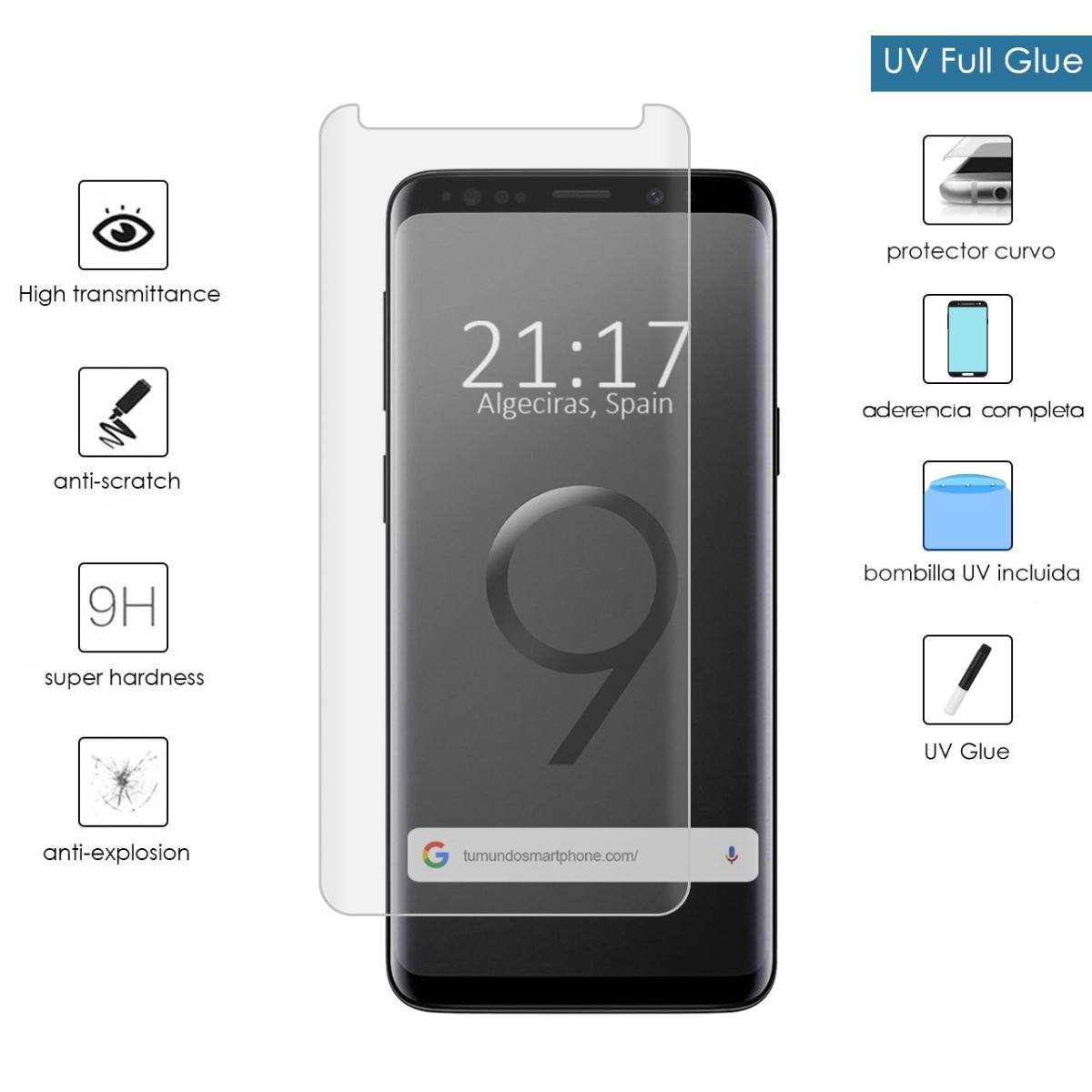 Protector Cristal Templado Completo Curvo UV Full Glue para Samsung Galaxy S9