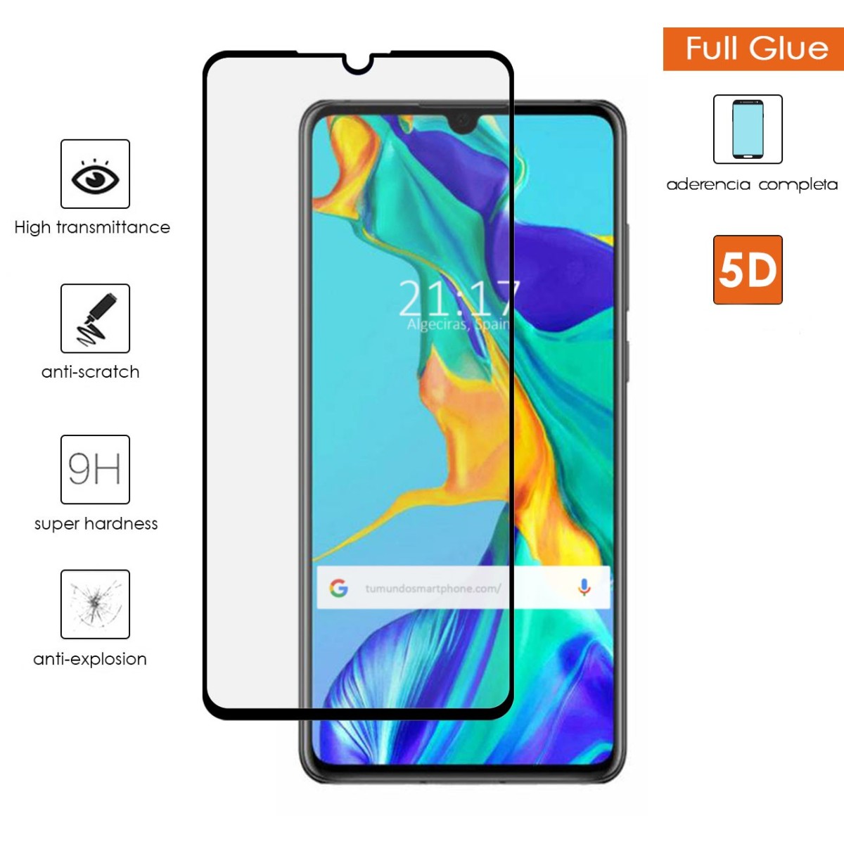 Protector Cristal Templado Completo 5D Full Glue Negro para Huawei P30 Vidrio